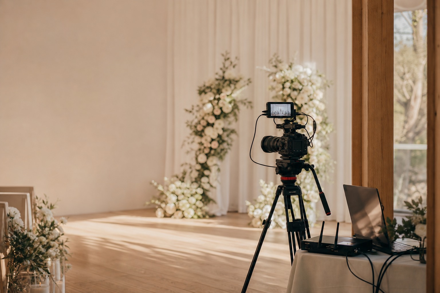 Professional camera and connectivity equipment set up for a wedding livestream